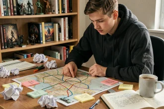 Joueur adulte étudiant une carte de quête Dofus avec des annotations de chemin optimal pour Frigost