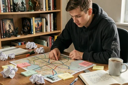 Joueur adulte étudiant une carte de quête Dofus avec des annotations de chemin optimal pour Frigost