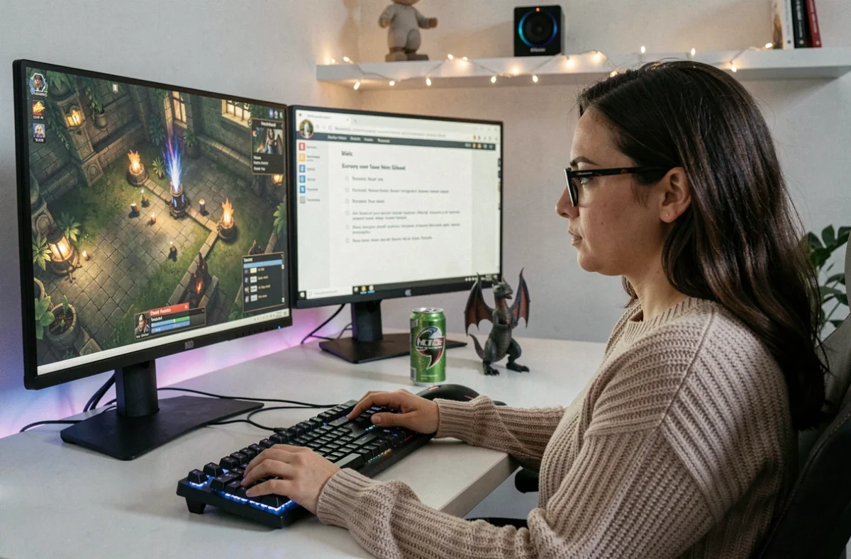 Joueuse vérifiant les prérequis de chasse Dofus sur un setup gaming double écran avec carte de Frigost