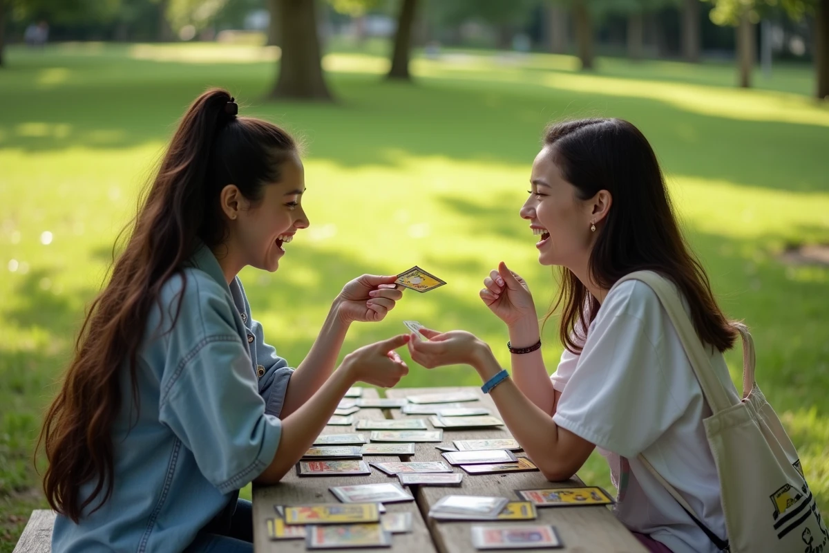 Deux joueuses disputant une partie de JCC Pokémon en extérieur, extension Sortie Aventure Ensemble dans un cadre naturel