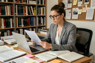 Journaliste vérifiant des faits sur un blog avec des documents imprimés et un ordinateur portable dans une rédaction