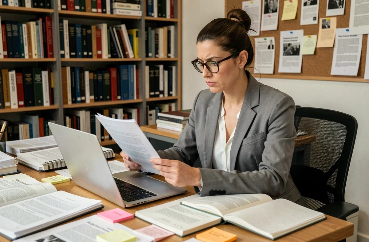 Journaliste vérifiant des faits sur un blog avec des documents imprimés et un ordinateur portable dans une rédaction