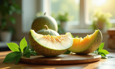 Melon cornu coupé sur planche en bois avec feuilles vertes