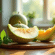 Melon cornu coupé sur planche en bois avec feuilles vertes