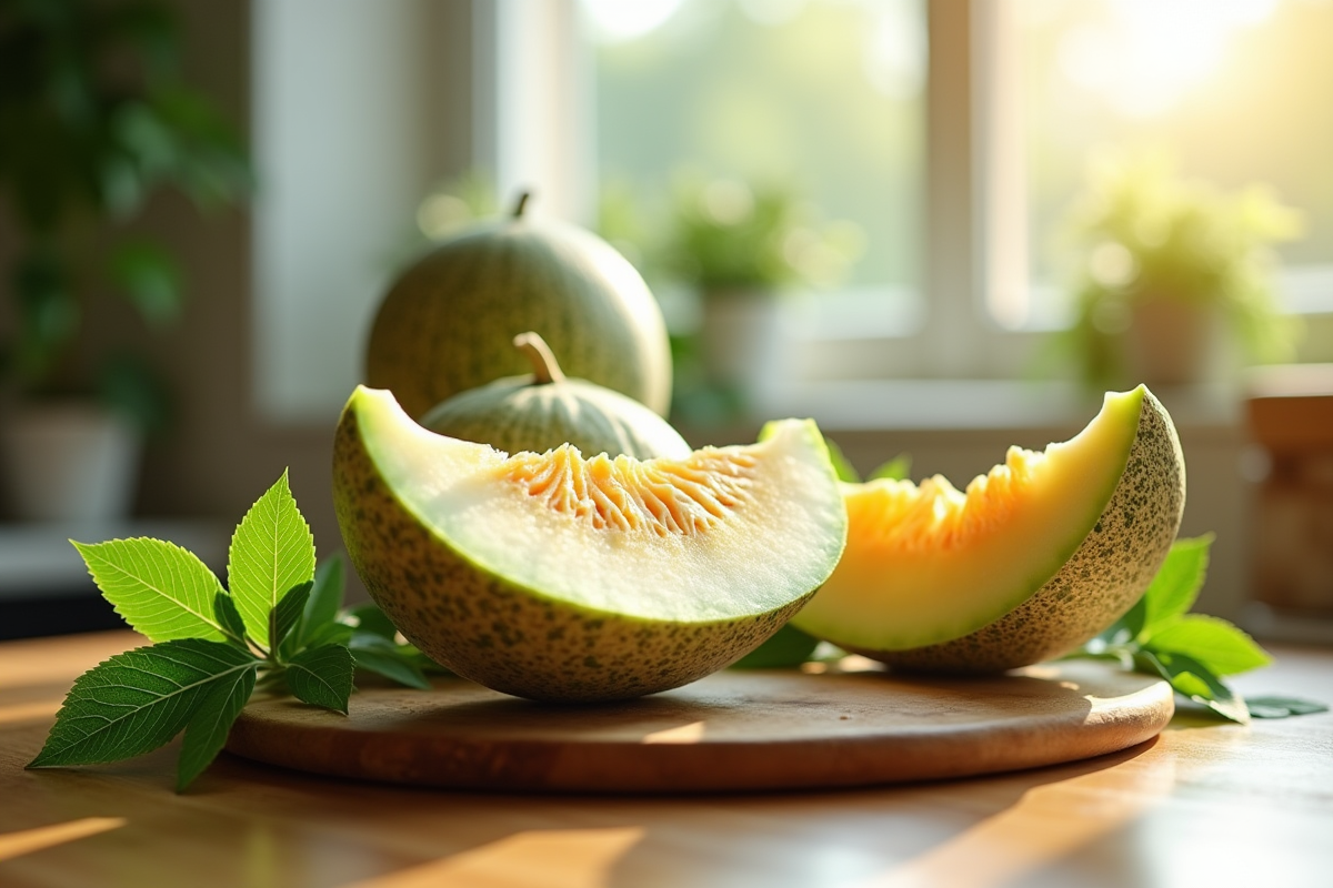 Melon cornu coupé sur planche en bois avec feuilles vertes