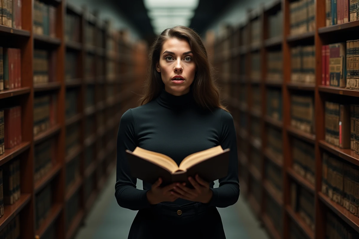 Jeune femme surprise par un twist narratif en lisant dans une bibliothèque, évoquant la découverte d'un retournement de situation inattendu dans la fiction