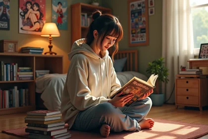Jeune femme lisant un manga dans une chambre cosy entourée de livres et d'affiches d'anime