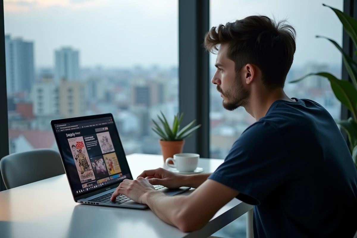 Jeune homme consultant un site de lecture de manga en ligne sur son ordinateur portable dans un bureau minimaliste