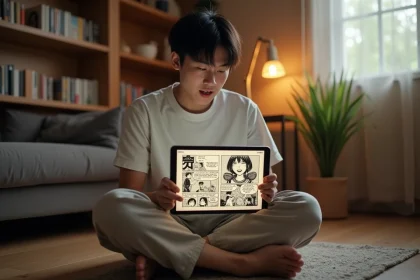 Jeune homme lisant un scan de manga One Punch Man sur tablette dans un appartement cosy avec bibliothèque manga en arrière-plan