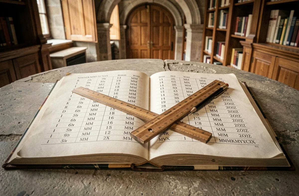 Livre éducatif vintage ouvert sur un tableau de conversion complet des chiffres romains en bibliothèque ancienne
