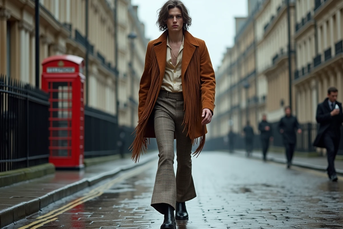 Jeune homme en tenue glam rock britannique années 70 marchant dans une rue pavée de Londres sous ciel gris, chemise en satin et pantalon à carreaux évasé