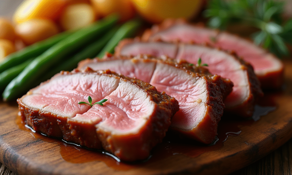 Magret de canard tranché sur une table en bois rustique