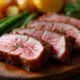 Magret de canard tranché sur une table en bois rustique