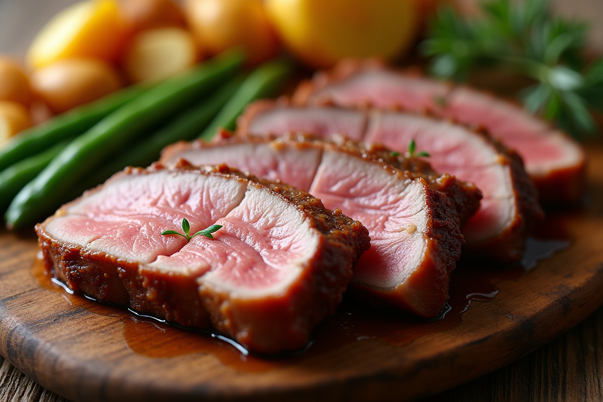 Magret de canard tranché sur une table en bois rustique
