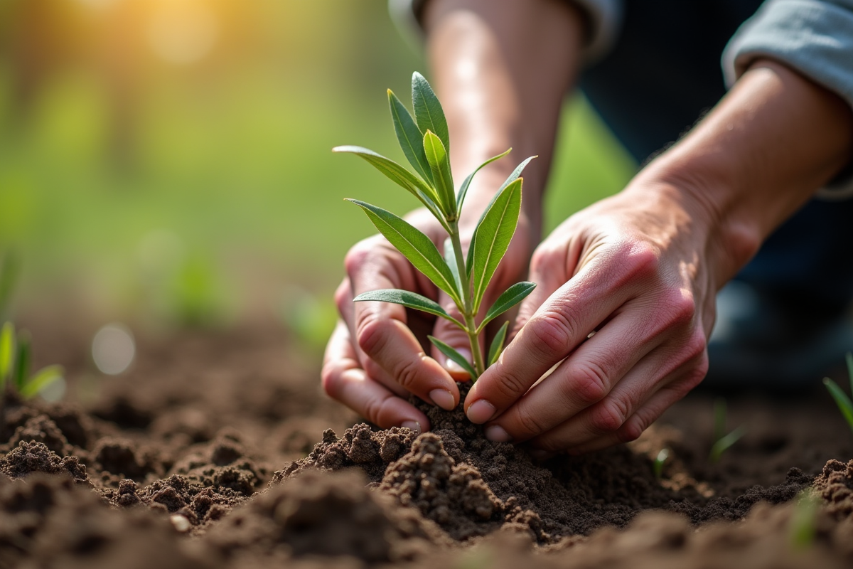 Mains âgées plantant une branche d'olivier dans le sol