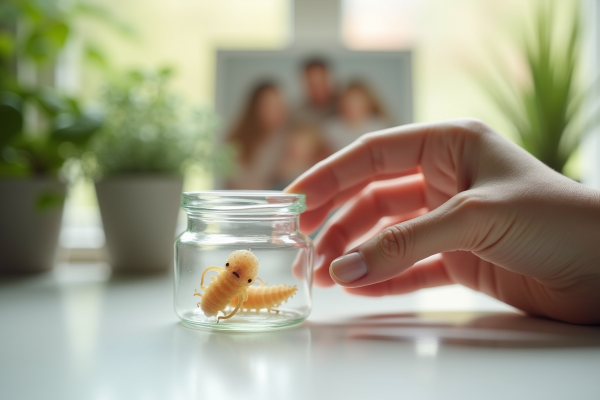 Main tenant un verre avec un ver sur un plan de travail lumineux