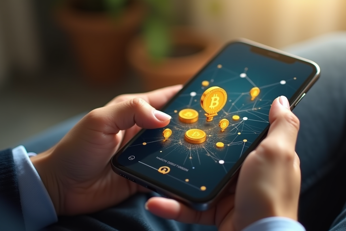 Mains tenant un smartphone avec application blockchain de levée de fonds