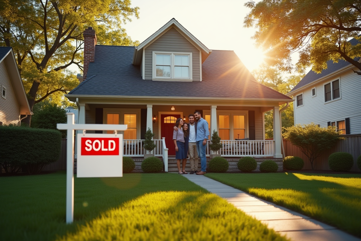 Famille heureuse devant maison avec panneau vendu en soleil