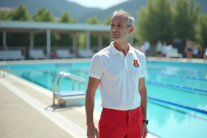 Maître-nageur sauveteur en poste au bord d'une piscine collective extérieure surveillant le bassin