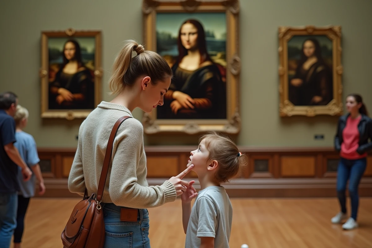 Maman et enfant admirent la Mona Lisa au Louvre