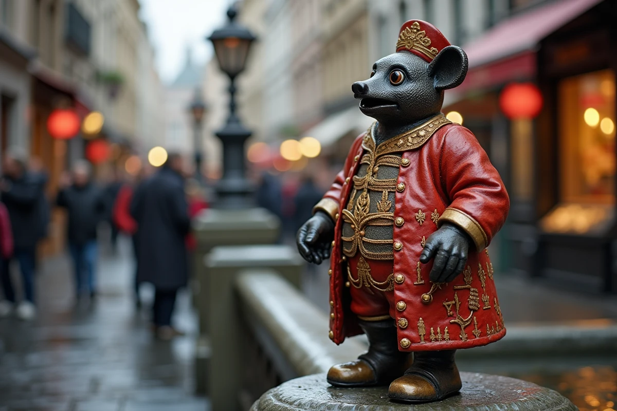 Le Manneken Pis habillé d'un costume cérémoniel coloré et détaillé sur son piédestal, illustrant la tradition bruxelloise de vêtir la célèbre statue