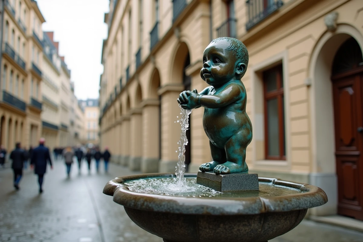 La célèbre statue du Manneken Pis à Bruxelles vue en contre-plongée, perchée sur son piédestal en pierre entouré des façades historiques du vieux Bruxelles