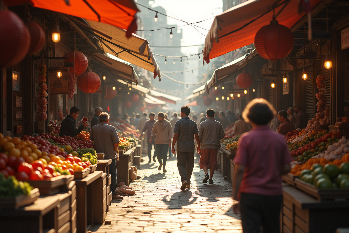 Marché animé avec vendeurs et clients en plein commerce en plein air