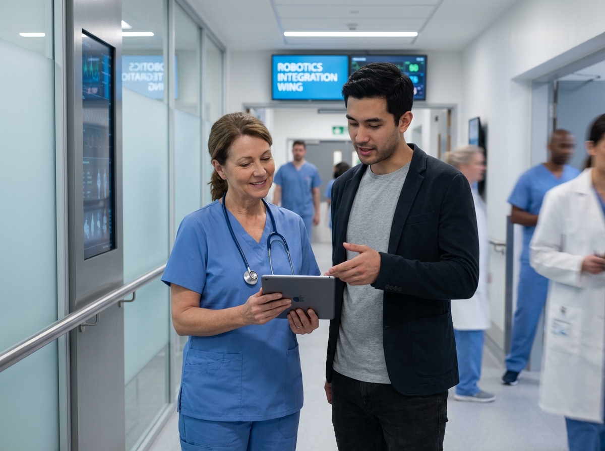 Medecin et ingenieur discutant dans un couloir hospitalier