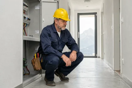 Électricien professionnel travaillant sur un tableau électrique dans un immeuble résidentiel à Pau