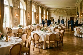 Vue d'ensemble d'une belle salle de réception dans le Rhône, décorée avec des tables rondes dressées et des arrangements floraux élégants