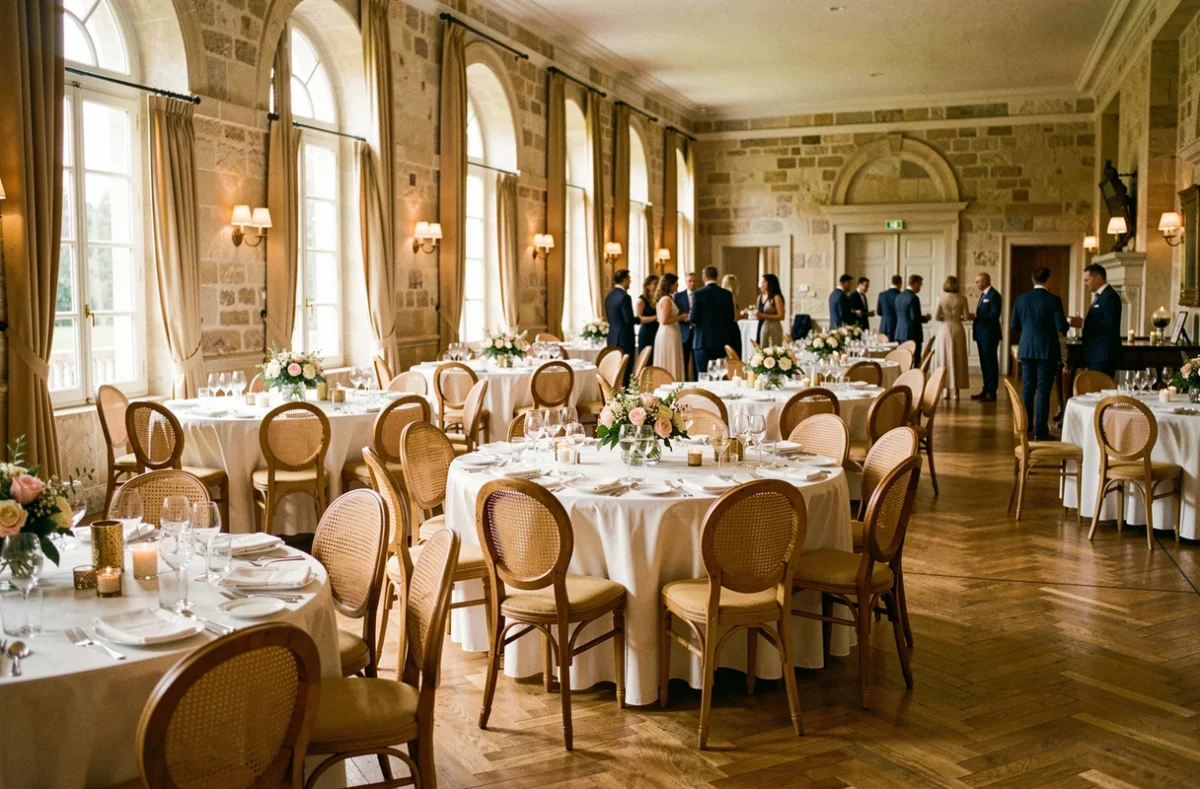 Vue d'ensemble d'une belle salle de réception dans le Rhône, décorée avec des tables rondes dressées et des arrangements floraux élégants