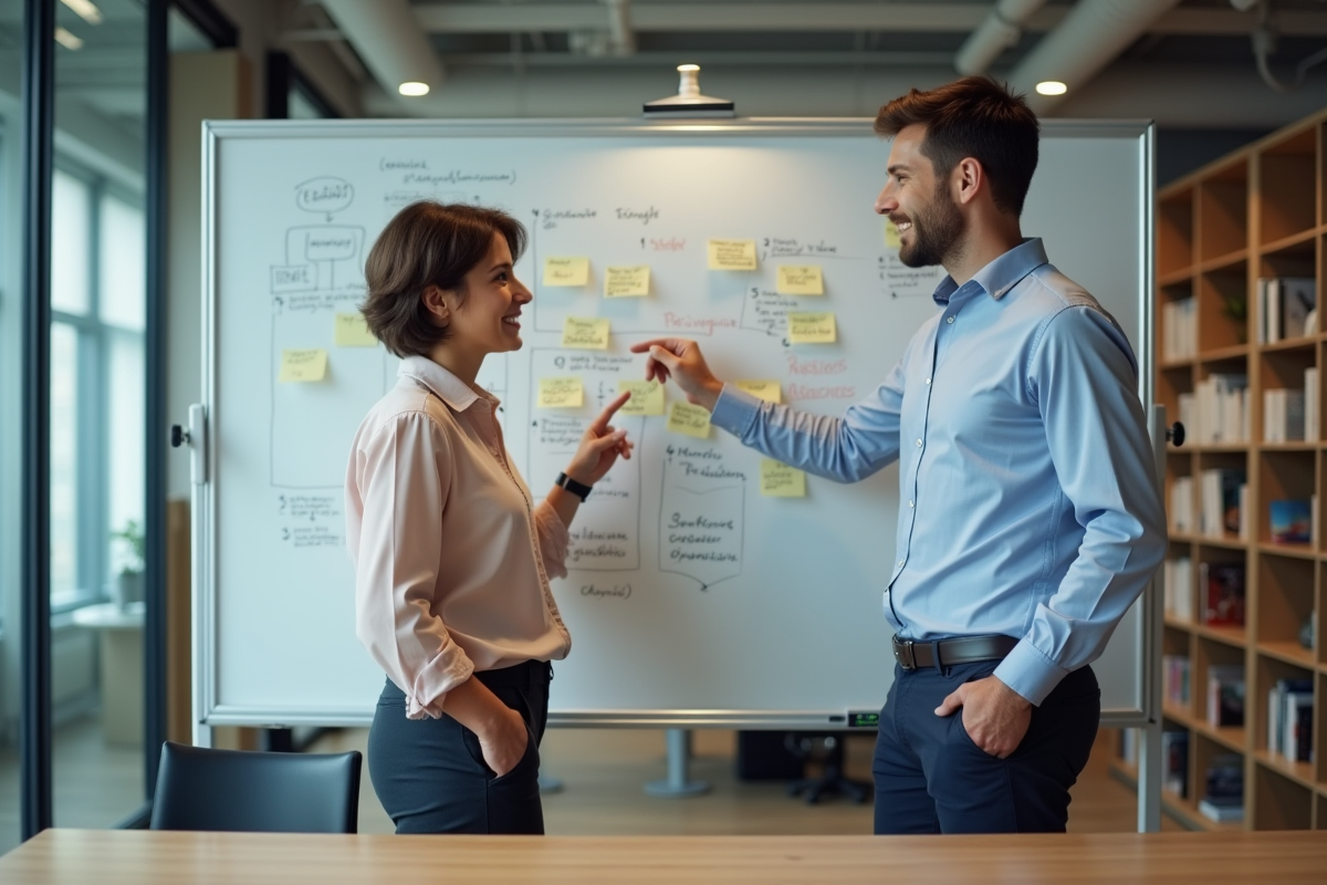 Mentrice aidant un jeune collègue devant un tableau interactif