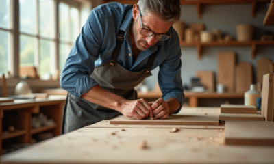 Menuisier utilisant outils modernes dans un atelier lumineux