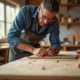 Menuisier utilisant outils modernes dans un atelier lumineux