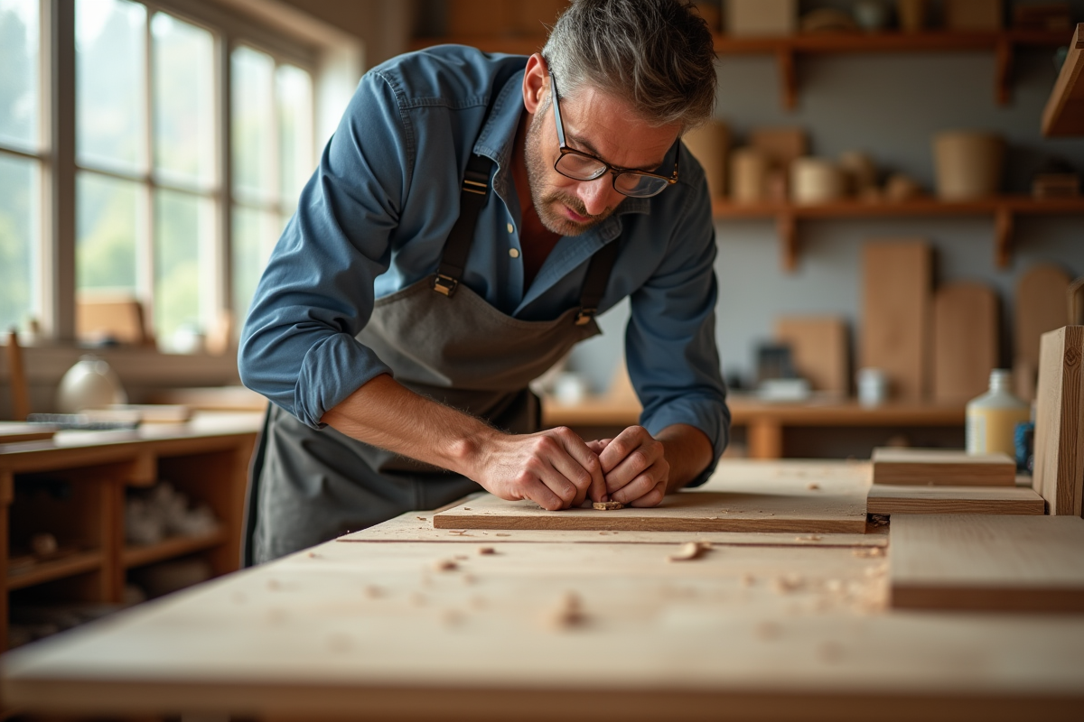 Menuisier utilisant outils modernes dans un atelier lumineux