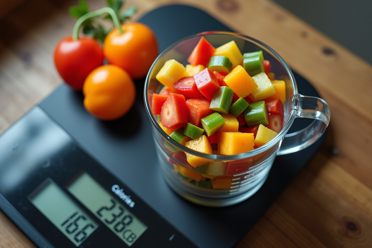 Verre doseur avec aliments colorés et balance numérique en cuisine