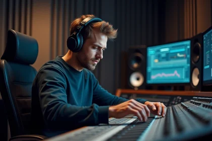 Musicien portant un casque audio professionnel devant une console de mixage en studio d'enregistrement pour surveiller les niveaux sonores