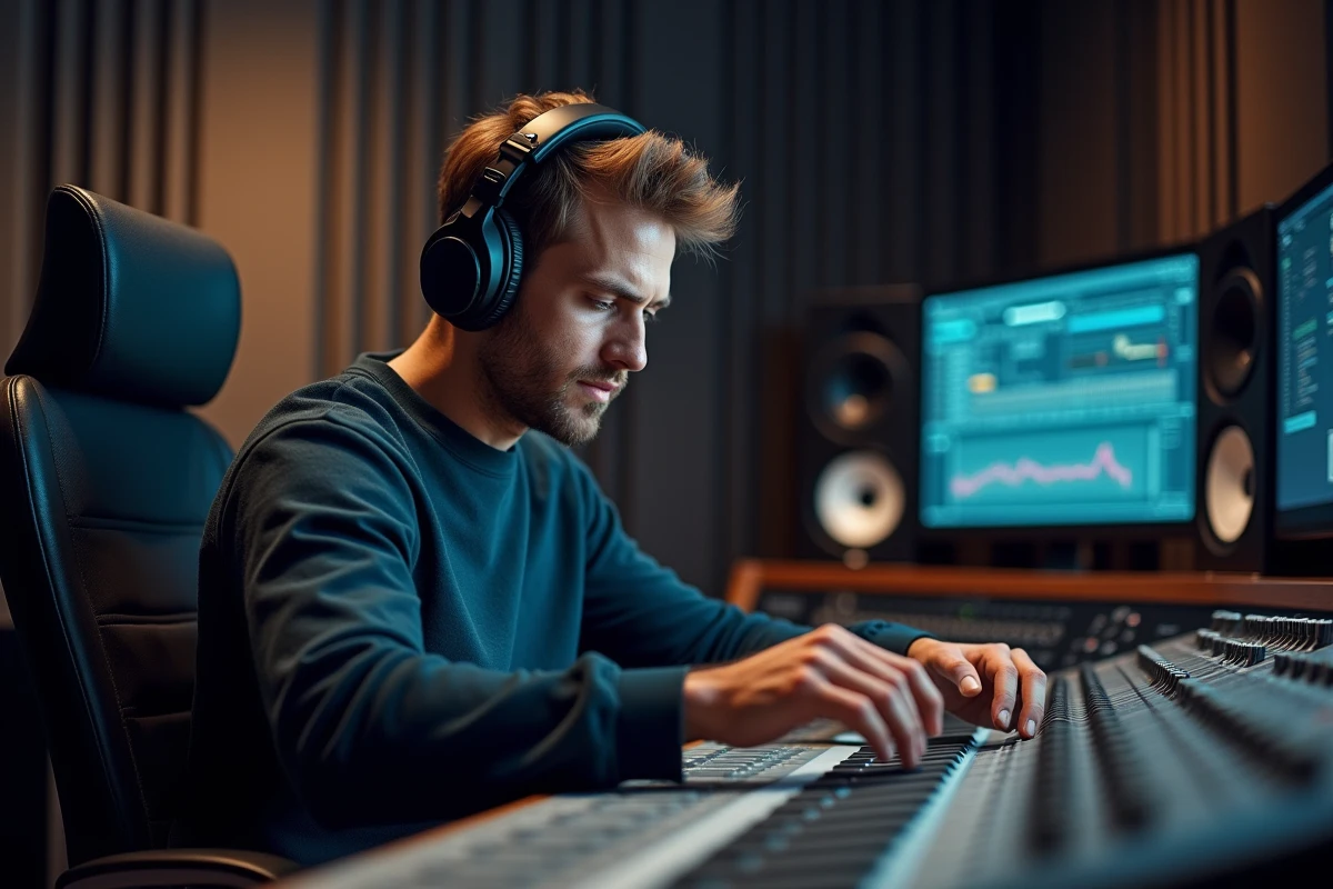 Musicien portant un casque audio professionnel devant une console de mixage en studio d'enregistrement pour surveiller les niveaux sonores