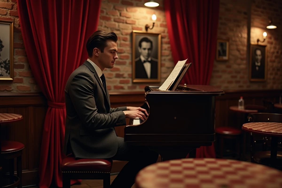 Musicien jouant du piano dans un cabaret français typique des années 1960