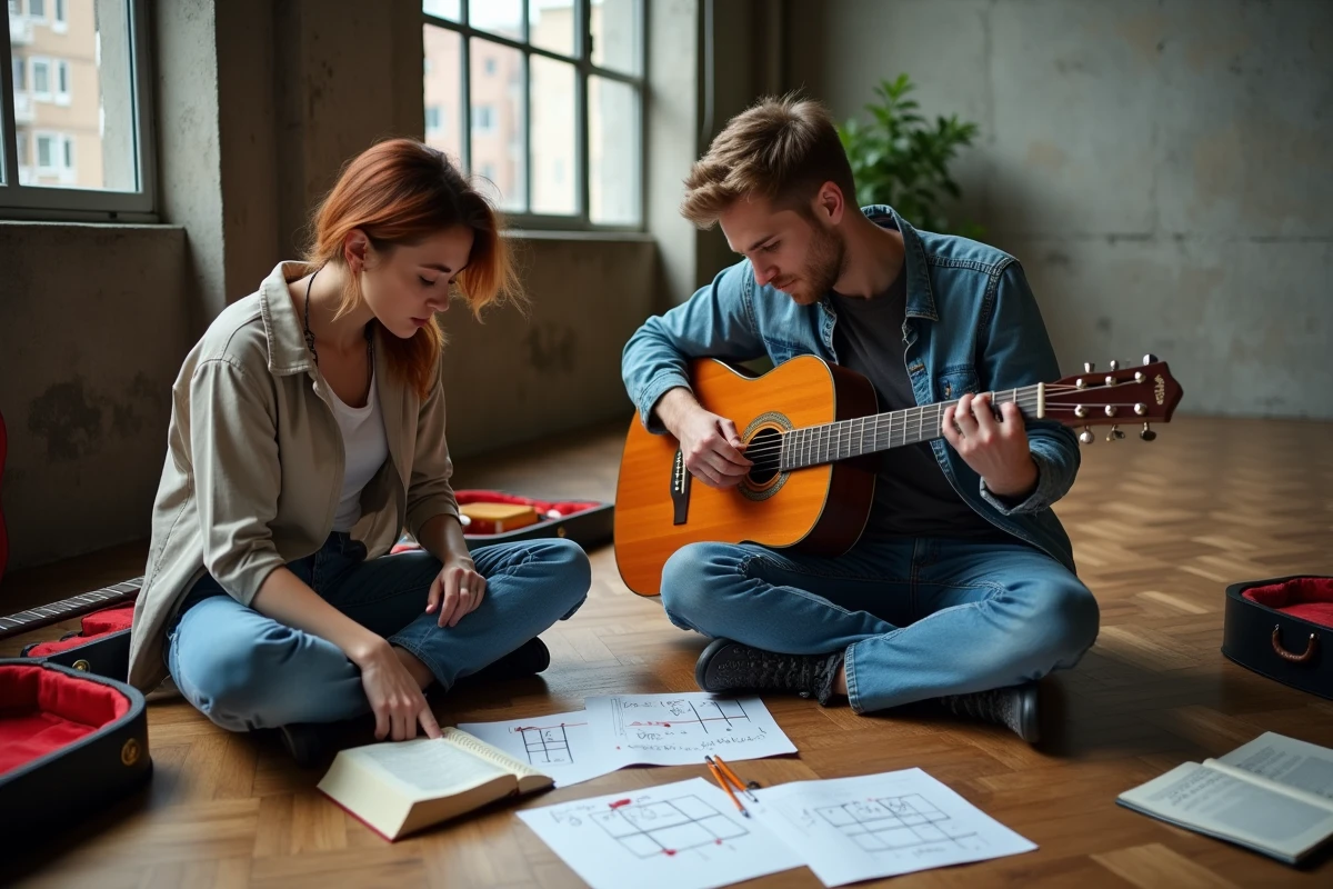 Deux musiciens étudiant ensemble les accords et la tonalité de Mistral Gagnant dans un espace de répétition urbain