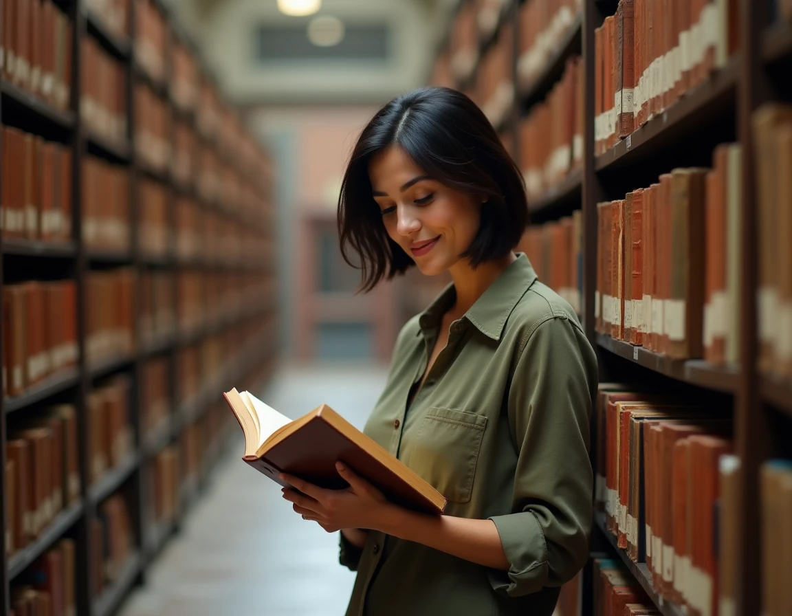 Femme tenant une biographie dans une bibliothèque publique, symbolisant la recherche sur la date de naissance et la vie de Naïma M'Faddel
