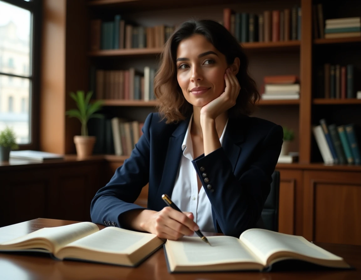 Portrait d'une femme d'origine nord-africaine en veste marine assise à un bureau littéraire, évoquant une biographie et des repères de vie