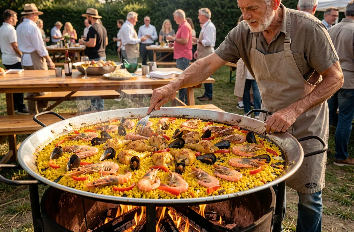 Grande paella traditionnelle cuisinée en plein air dans une poêle géante lors d'un événement traiteur dans le Rhône