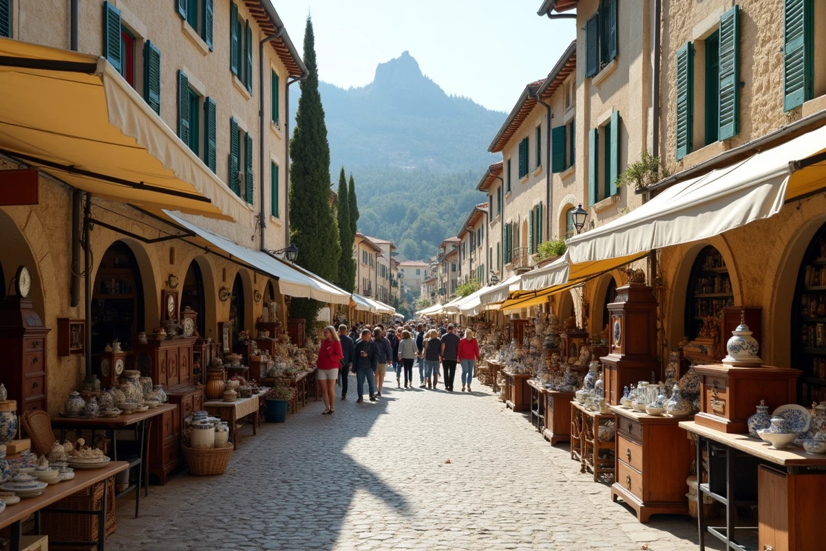 Vue panoramique d'un vide grenier dans une ruelle médiévale d'un village de l'arrière-pays des Alpes-Maritimes entouré de montagnes