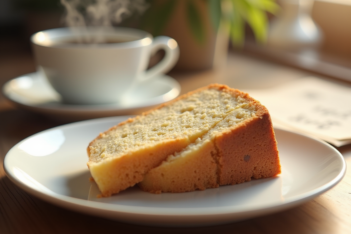 Partie de gâteau nature tranché avec tasse de café et recette