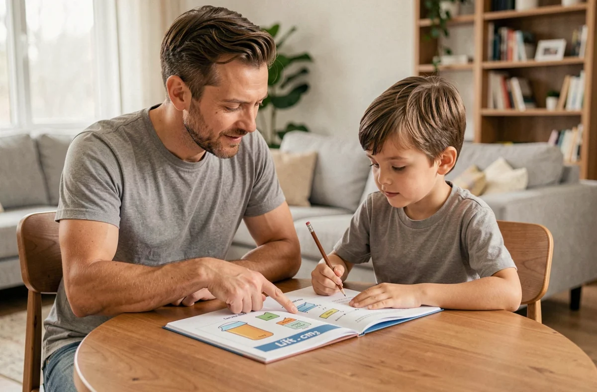 Père aidant son fils à comprendre le tableau de conversion litre cm3 pour les devoirs de mathématiques à la maison