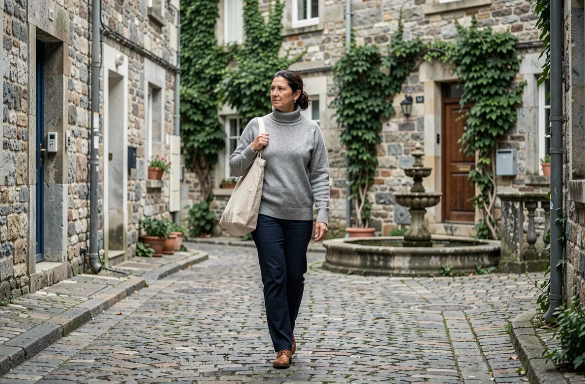 Femme marchant seule dans une ruelle pavée d'un village européen discret, symbolisant l'anonymat et la vie loin des projecteurs d'une personnalité publique retirée