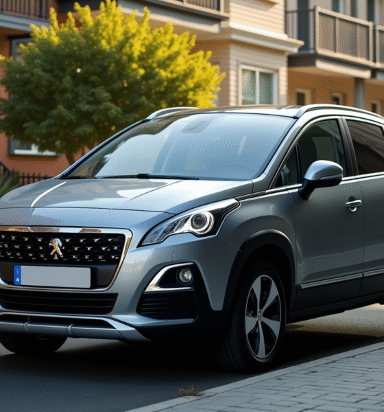 Peugeot 3008 d'occasion stationnée dans une rue résidentielle en journée