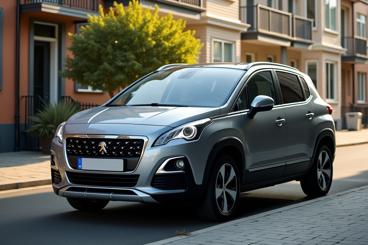 Peugeot 3008 d'occasion stationnée dans une rue résidentielle en journée