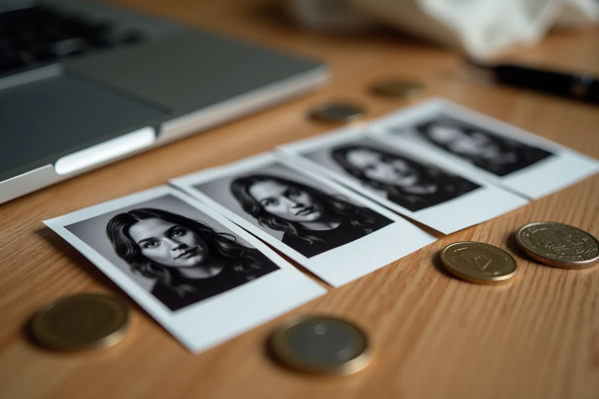 Bande de photos de photomaton ratées posée sur une table avec des pièces d'euros, illustrant le gaspillage d'argent lié aux erreurs fréquentes